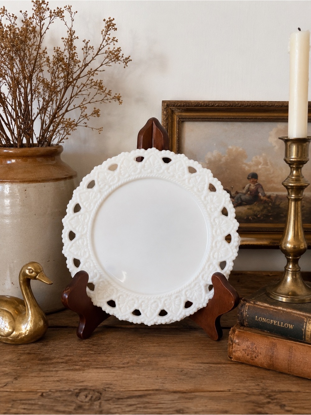 Vintage White Milk Glass Lace-Edge Ceramic Display Plate